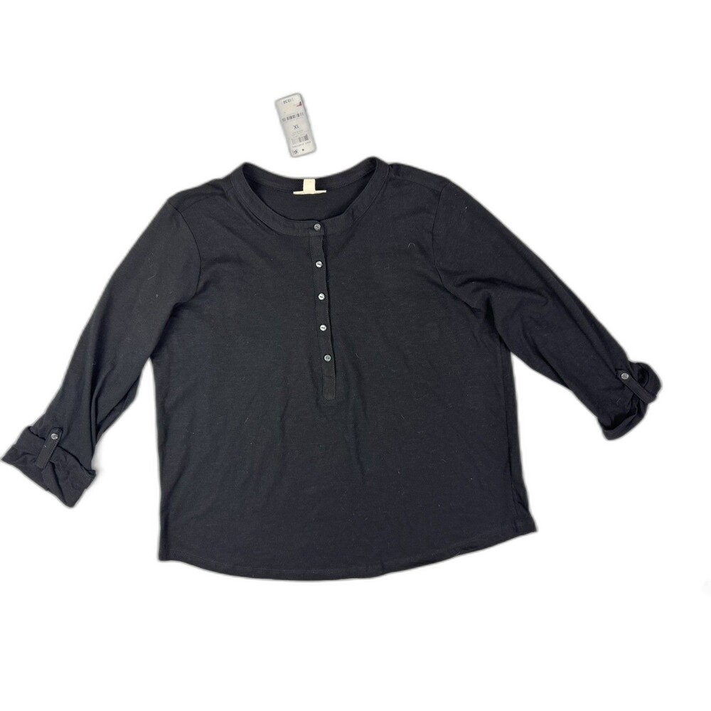 Style & Co Size 1X Womens Black Knit Top Long Sleeve Button Front
